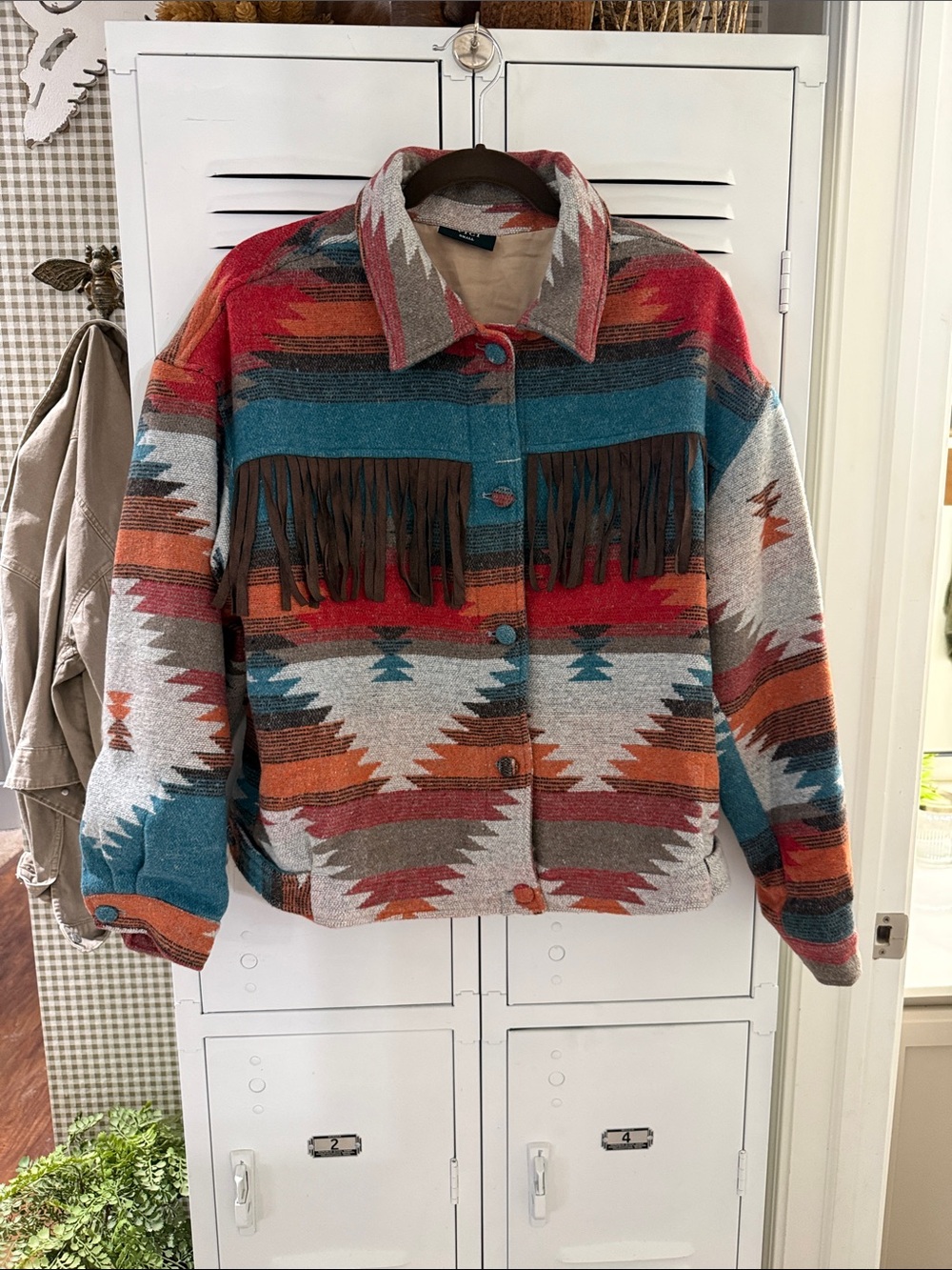 Vici Southwestern Fringe Utility Jacket in Teal, Rust & Gray